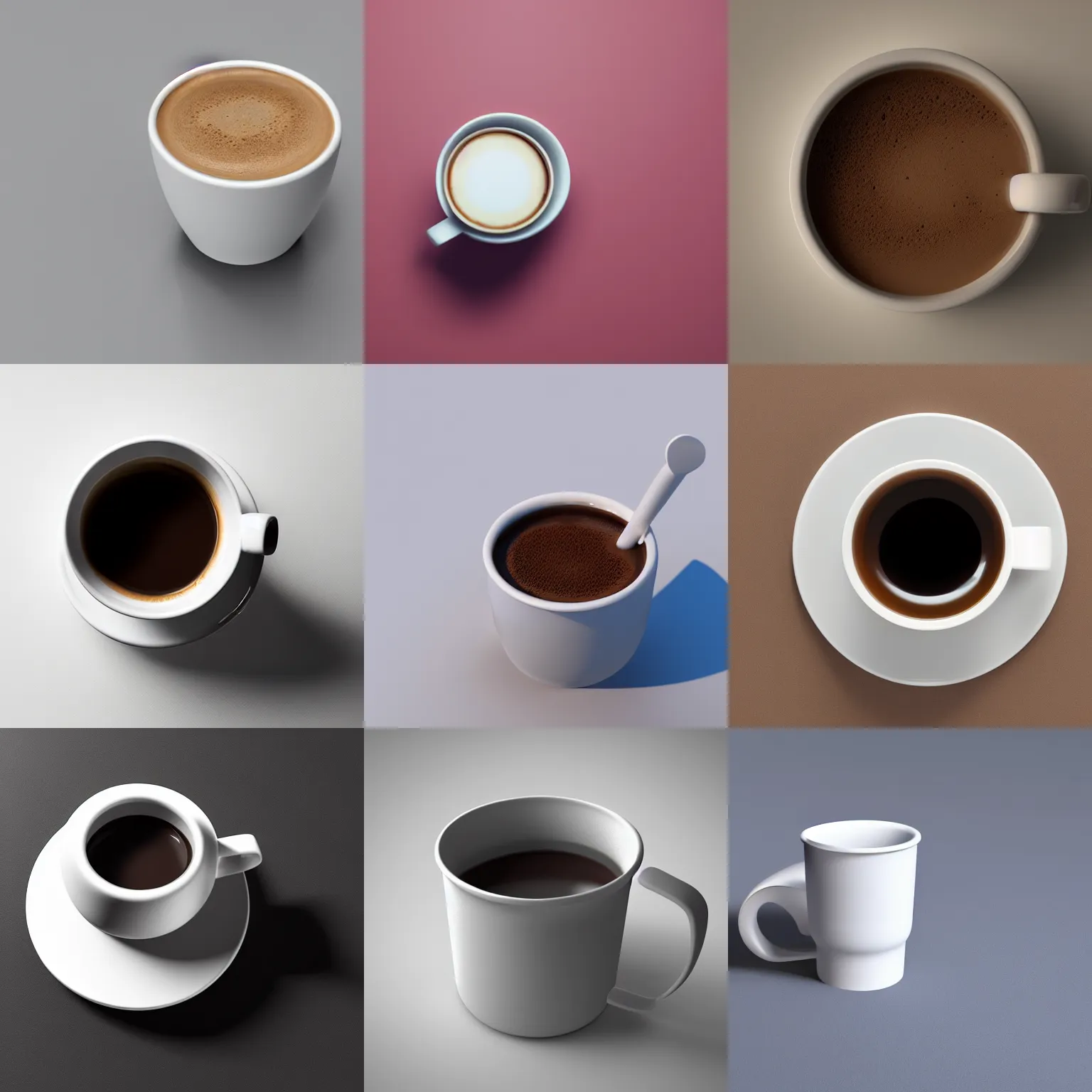 Prompt: coffee cup, clay render, octane render, 4 k uhd, white background, isometric perspective view, diffuse lighting