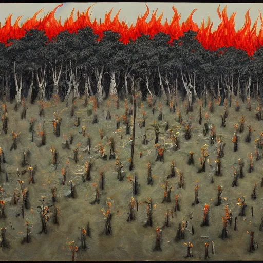 Prompt: a surreal painting of a bleak forest of small japanese bonsai trees on fire, smoke in the sky, people standing around screening and running, ominous, oil on canvas