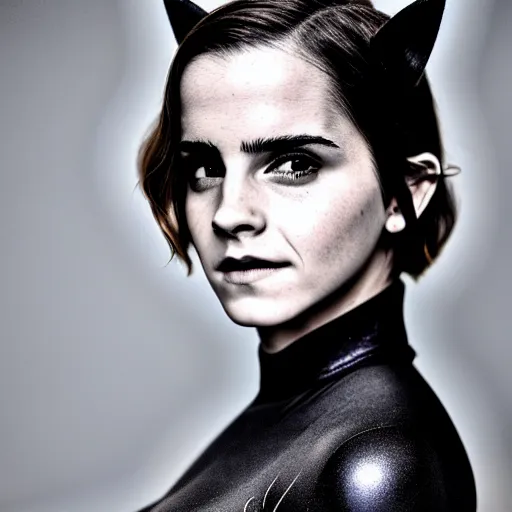 Image similar to Emma Watson as Catwoman, XF IQ4, f/1.4, ISO 200, 1/160s, UHD, detailed, Sense of Depth, Depth Layering, AI enhanced, HDR, in-frame