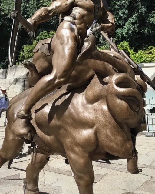 Image similar to a giant bronze statue of a minotaur, bull man hybrid being holding a spear and shield