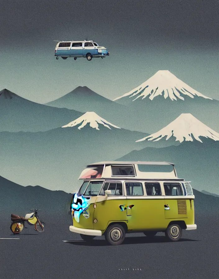 Image similar to vw camper touring rural japan, a collage painting, in the style of wes anderson, lola dupre, david hockney, isolated on negative white space background dark monochrome fluorescent spraypaint accents volumetric octane render, no double figure