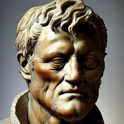 Image similar to a sculpture by michelangelo with the likeness of rutger hauer