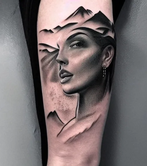 Image similar to tattoo design sketch of a beautiful woman face with a faded background of beautiful mountains and nature on her side, hyper - realistic, in the style of den yakovlev, amazing detail, black and white