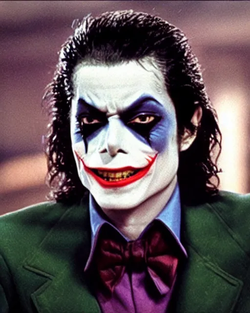 Image similar to a movie still of Batman starring Michael Jackson as the Joker smiling, 8k, Technicolor, telephoto lens, detailed skin, detailed realistic eyes, medium shot, mid-shot