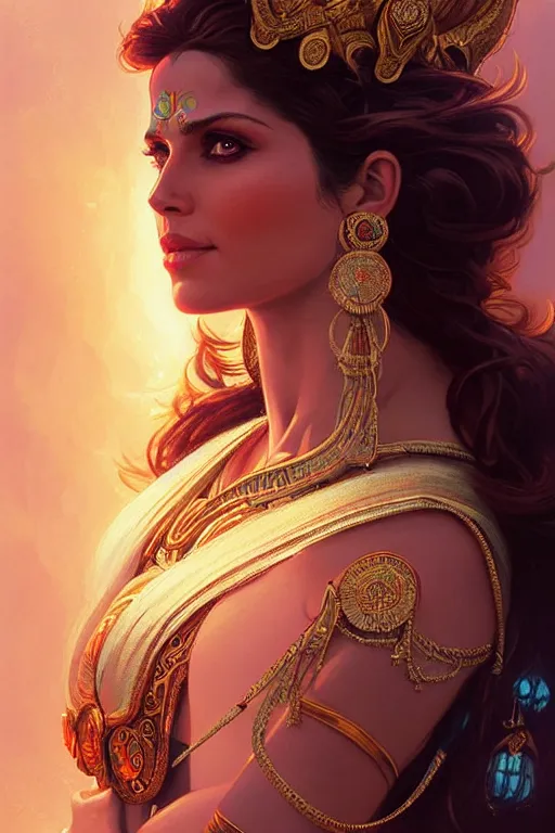 Image similar to cheryl cole as personification of goddess shiva, portrait, highly detailed, digital painting, artstation, concept art, smooth, sharp focus, illustration, cinematic lighting, art by artgerm and greg rutkowski and alphonse mucha