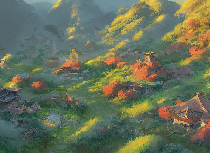 Image similar to concept art painting of a small woodland village in a valley seen from above, european japanese buildings, early morning, cel shaded, detailed, realistic, by makoto shinkai and moebius and anton fadeev and james gurney