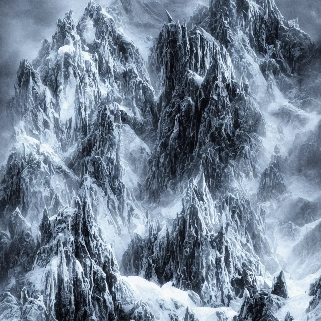 Prompt: haunted mountains of madness in antarctica revealing an impossible titanic city of insane towers and blasphemous megastructures, upward cinematic angle, by rodney matthews, michael kaluta, hr giger, p. craig russell and thomas kinkade, ghostly darkness, thick lush winter atmosphere, stunning composition, screaming ice faces, monstrous statues of animal gods, intricate, dark eerie night color scheme, elegant, digital art, hyperdetailed, colorful hyperrealism, brilliant photorealism, horror, masterpiece, 4k