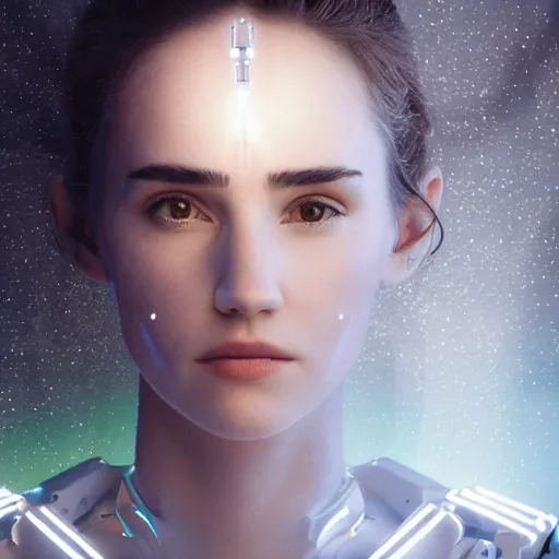 Image similar to beautiful centered Fine art photo portrait of contemplative young Jennifer Connelly as a solarpunk robotic humanoid, white mechanical parts with led lights, photorealistic, white background, highly detailed and intricate, sunset lighting, HDR 8k