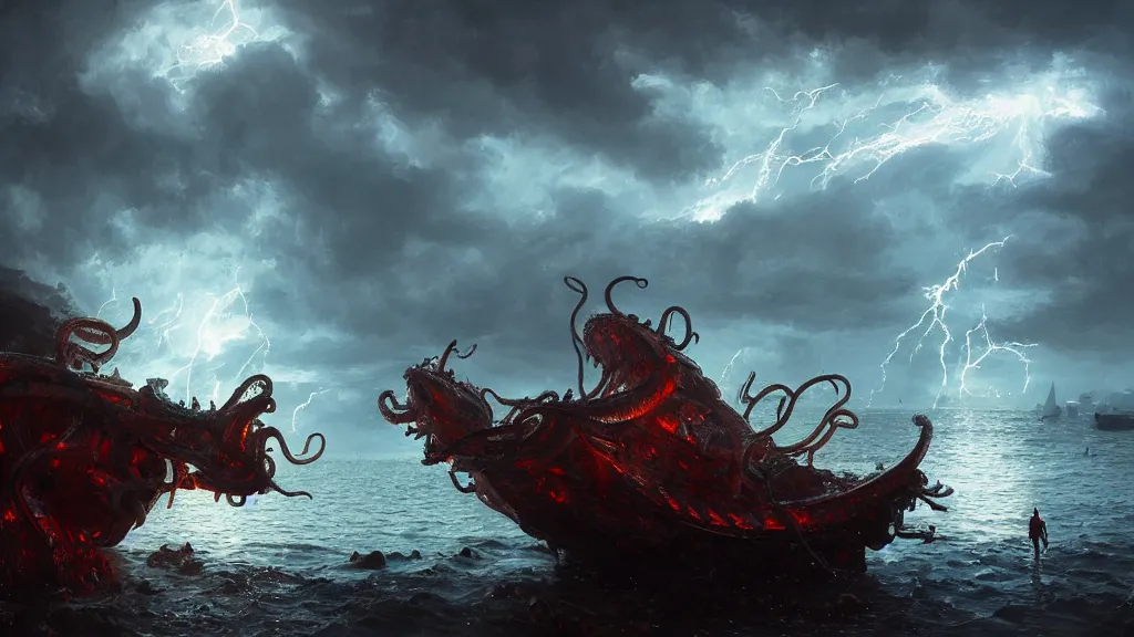 Prompt: small boat in foreground, giant big krakens and tentacles in the background, lightning in background, intricate, detailed, volumetric lighting, sharp focus, scenery, photorealism, digital painting, highly detailed, concept art, ruan jia, steve mccurry