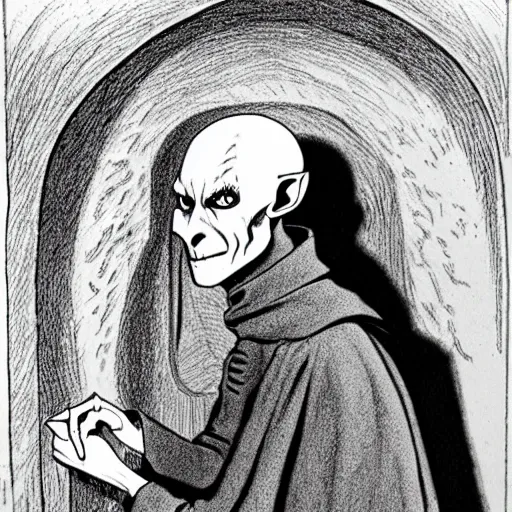 Image similar to Nosferatu sits in an igloo while drawing a self-portrait, over the shoulder view