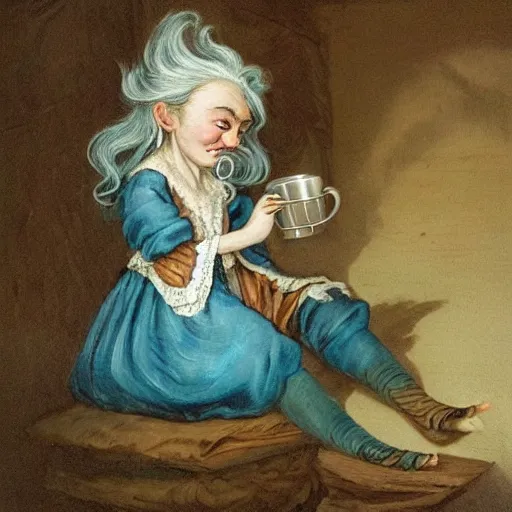 Image similar to A 18th century, messy, silver haired, (((mad))) elf princess (Mr. Bean), dressed in a ((ragged)), wedding dress, is ((drinking a cup of tea)). Everything is underwater and floating. Greenish blue tones, theatrical, (((underwater lights))), high contrasts, fantasyconcept art, inspired by John Everett Millais's Ophelia