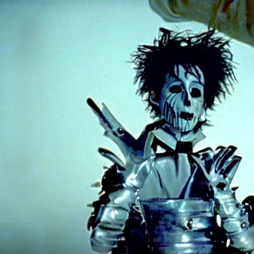 Image similar to a still of Edward ForkHands, in the film Edward Scissorhands, UHD, stylistic, film, horror