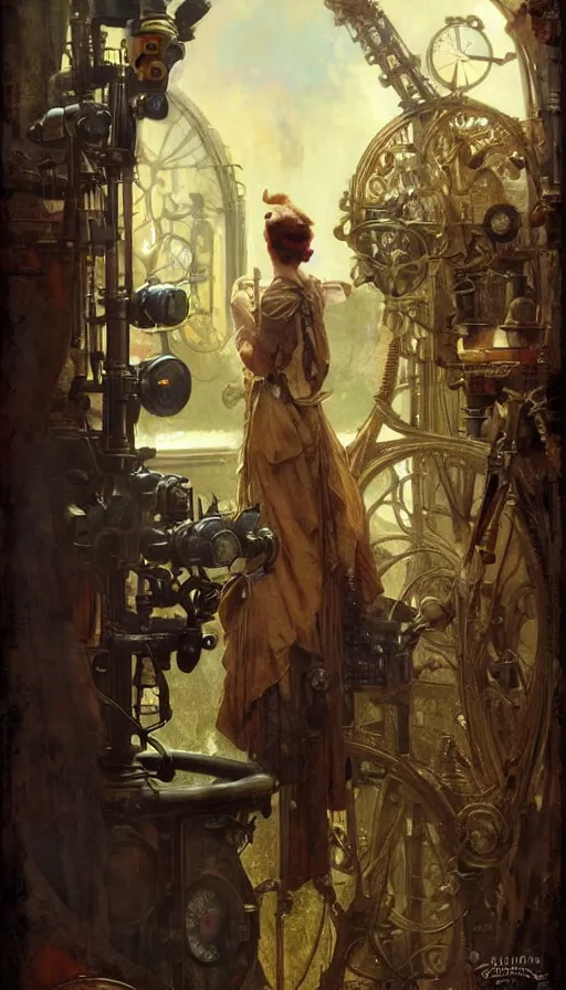 Image similar to hyper realistic photographer looking through camera towards viewer, magical, steampunk, painted by james gurney, norman rockwell, tom bagshaw, mucha, gaston bussiere, craig mullins, j. c. leyendecker 8 k