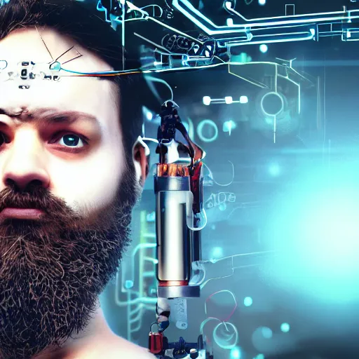 Prompt: Beautiful Photo of Arduino Uno in the robot's head. beard man. Cyberpunk. splatterpunk. 4K