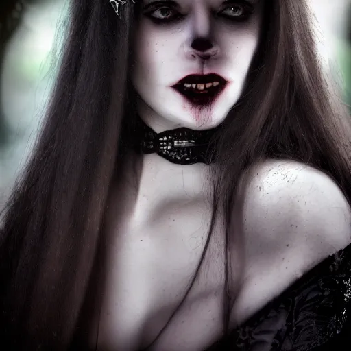 Prompt: A beautiful portrait of a lady vampire, victorian, dracula, ominous, depth of field, 85mm lens, bokeh, photorealism, ultra detailed, irwin penn, high definition, soft light