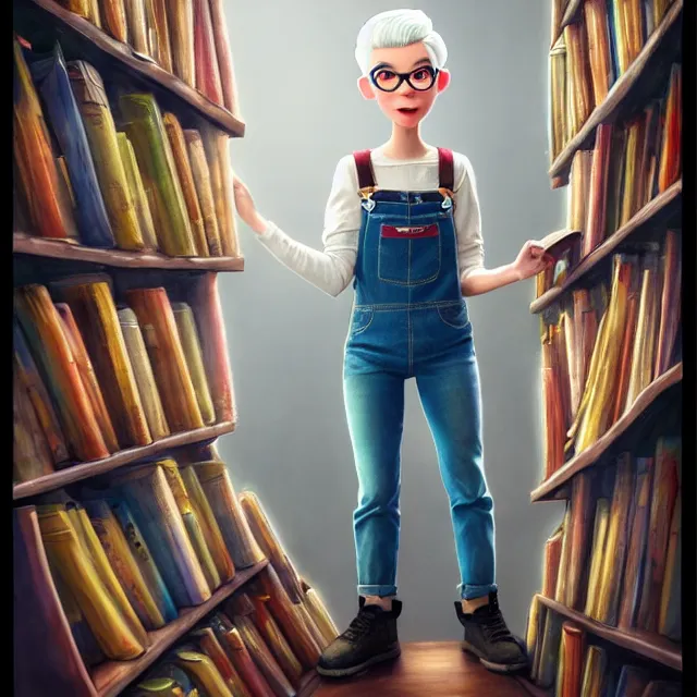 Image similar to full body pose, beautiful adult book fairy, pixar, short white hair shaved sides, dirty, grungy, grunge, long sleeve, painted overalls, stacks of giant books, highly detailed, 4 k, hdr, smooth, sharp focus, high resolution, award - winning photo, artgerm, photorealistic