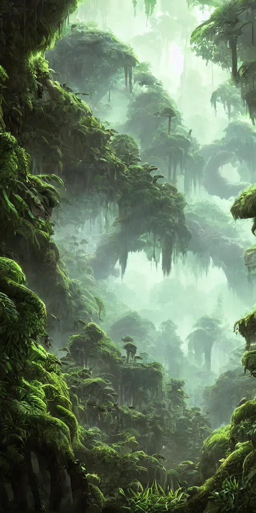 Image similar to Intricate detailed illustration, An oriental rainforest with elemental golems , cinematic lighting, dota 2, wide angle, volumetric light scattering, 8k, artstation, concept art,