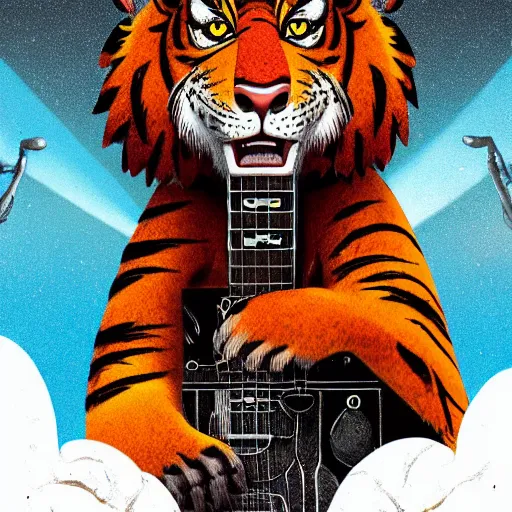 Prompt: illustration of a anthropomorphic tiger in a rock outfit strumming an electric guitar, dslr, 8 k, octane beautifully detailed illustration, cold lighting, cinematic lighting, detailed poster, masterpiece, volumetric lighting, ultra realistic, highly detailed, high quality, lossless