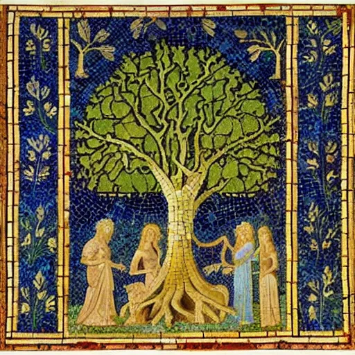 Image similar to fractal tree of life with adam, eve and the snake in the garden of eden, early 3 rd century mosaic