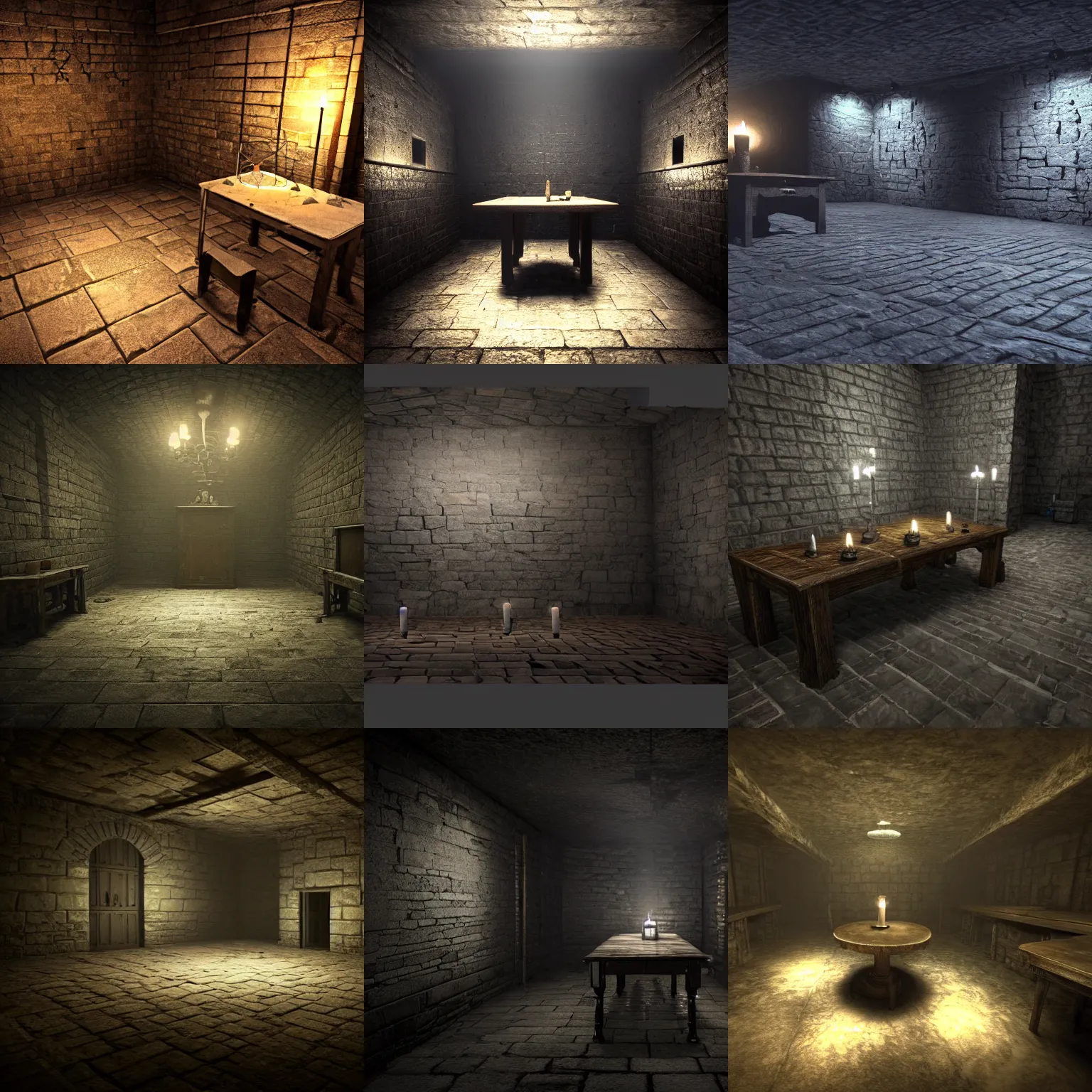 Prompt: dark gloomy dungeon room with table, low visibility, low brightness, gray stone, oppressive, shadows, candlelight, midnight, unreal engine