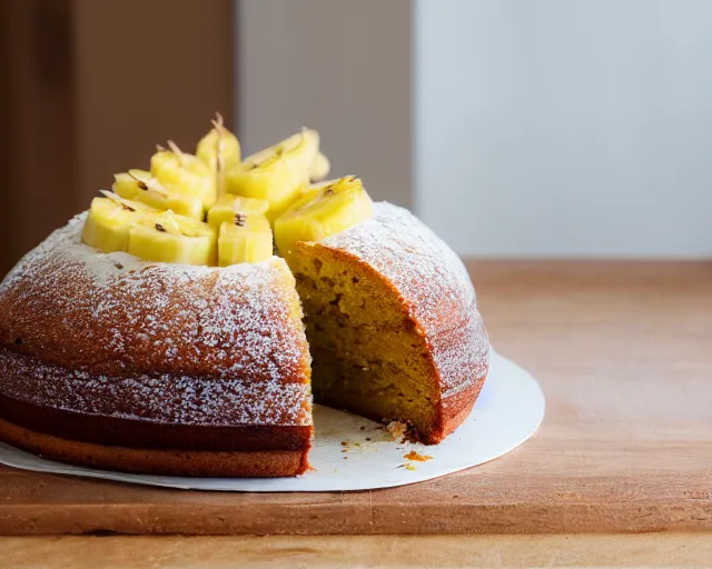 Prompt: dslr food photograph of a pineapple and banana cake, 8 5 mm f 1. 4