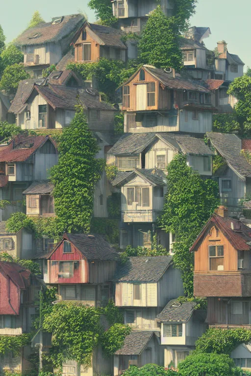 Image similar to stacked houses, solarpunk, studio ghibli, jean - baptiste monge, octane render, 4 k