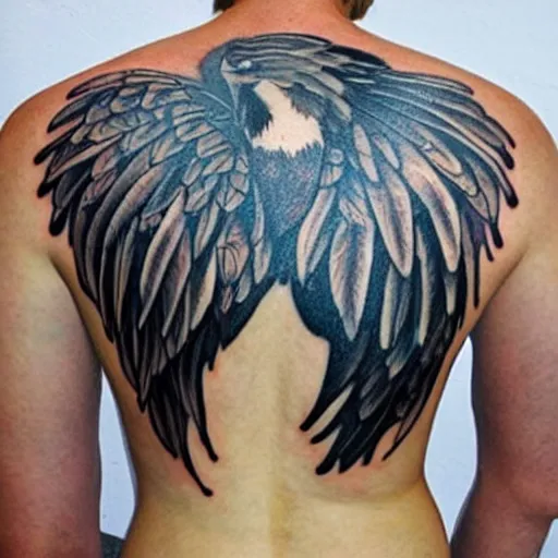 Prompt: back piece tattoo of a magpie flared out, high detail