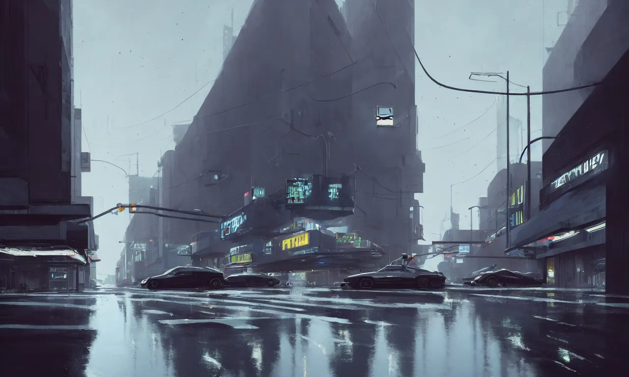 Prompt: photorealistic streetscape, simple brutalist architecture, metal, concrete, puddles of water, white neon lights, neon signs, flying vehicles, pedestrians, greg rutkowski, syd mead, ralph mcquarrie, concept art, matte painting, finely detailed, minimal artifacts, rule of thirds, dynamic lighting, cinematic, denoised, centered, artstation