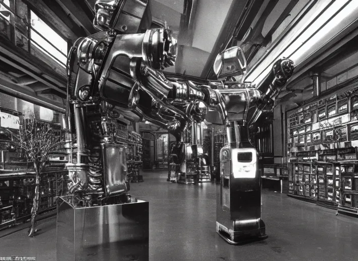 Prompt: realistic photo of the robot made of steel, shiny and fancy, standing in the wooden room full of medieval computers. displays are shiny 1 9 9 0, life magazine reportage photo