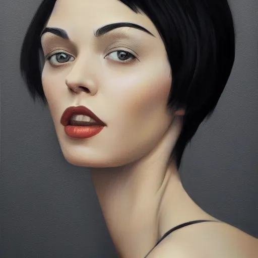 Prompt: portrait of beautiful woman, black short hair, by nick silva, ja mong, greg rutkowsky, digital, soft painting, photorealism