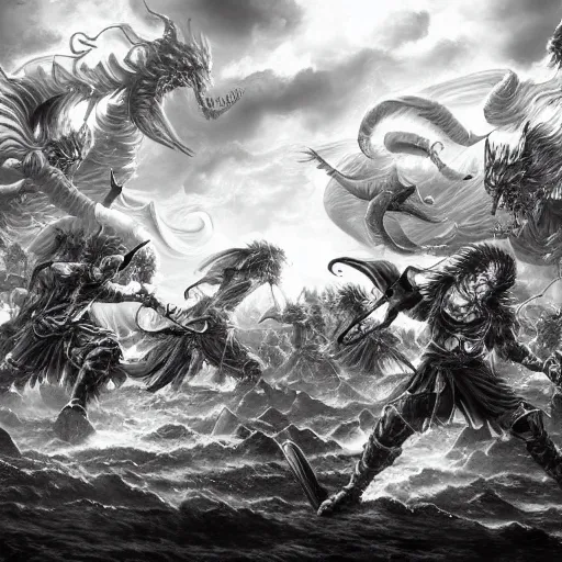 Prompt: the battle of two huge armies in the style of kentaro miura, 4 k, 8 k, absolute detailing of even the smallest details and particles, beautiful shadows, beautiful art, black and white drawing