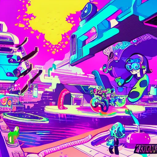 Image similar to splatoon, retrowave epic art, trending on art station