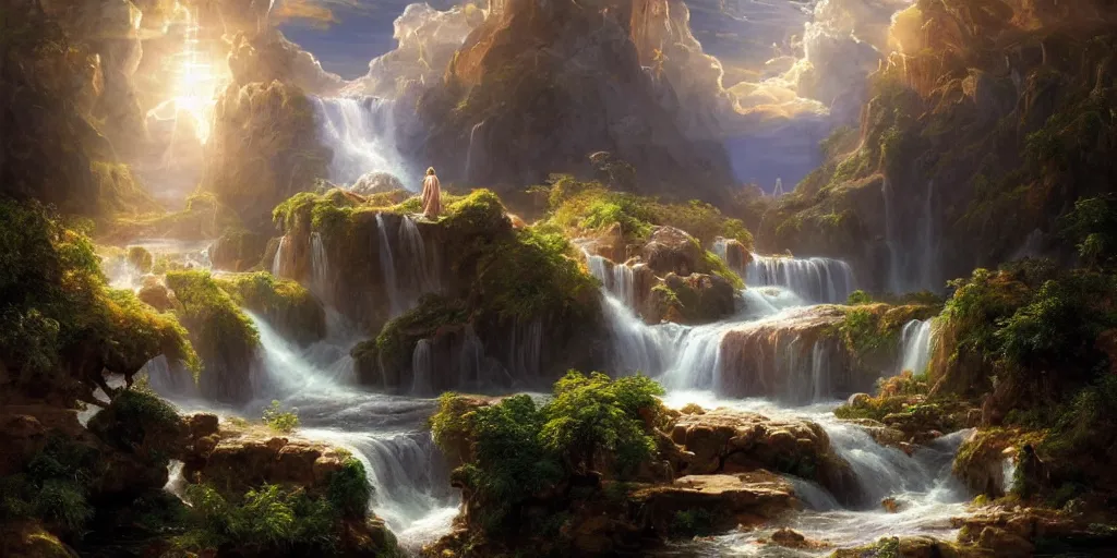 Image similar to creation of the world and heaven with a river of the water of life, clear as crystal, flowing from the throne of god and of the lamb by daniel f. gerhartz and matt stewart and thomas cole, fantasy, photorealistic, octane render, unreal engine, dynamic lighting