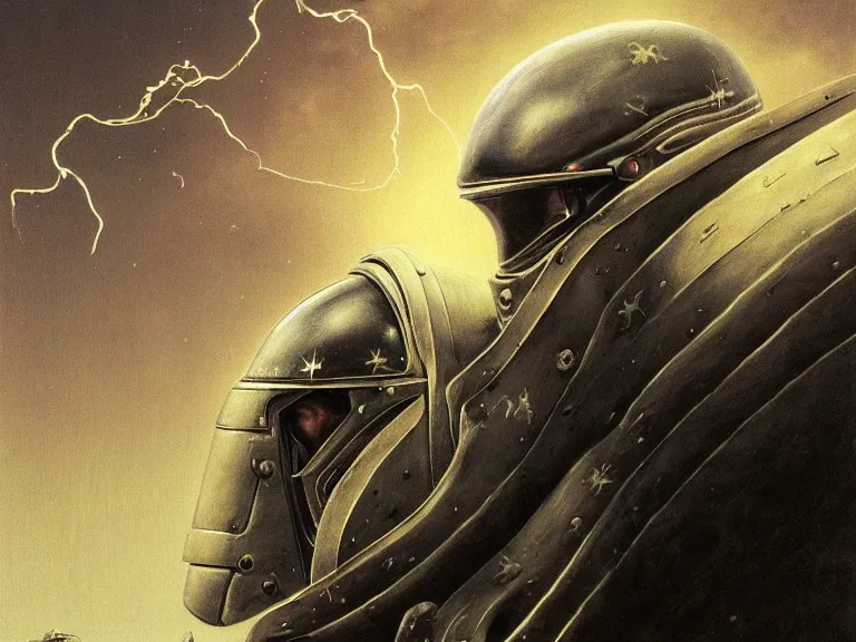 Image similar to a detailed profile painting of a bounty hunter in polished armour and visor. Fencing mask and shroud. cinematic sci-fi poster. Cloth and metal. Welding, fire, flames, samurai Flight suit, accurate anatomy portrait symmetrical and science fiction theme with lightning, aurora lighting clouds and stars. Clean and minimal design by beksinski carl spitzweg giger and tuomas korpi. baroque elements. baroque element. intricate artwork by caravaggio. Oil painting. Trending on artstation. 8k