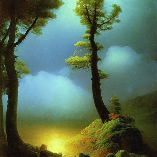 Image similar to aivazovsky's painting. forest landscape. oil on canvas, a masterpiece in the style of aivazovsky.