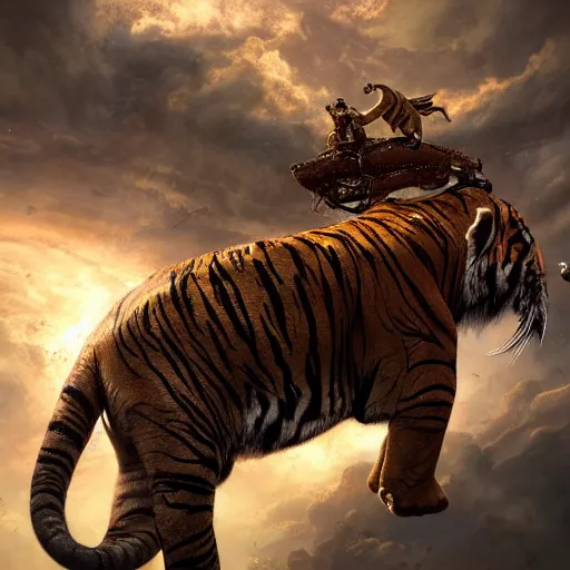 Image similar to beautiful tiger elephant leaping through the sky, epic composition, hyper detailed, digital art, trending in artstation, cinematic lighting, studio quality, unreal engine 5 rendered, art style by klimt and nixeu and ian sprigger and wlop and krenz cushart