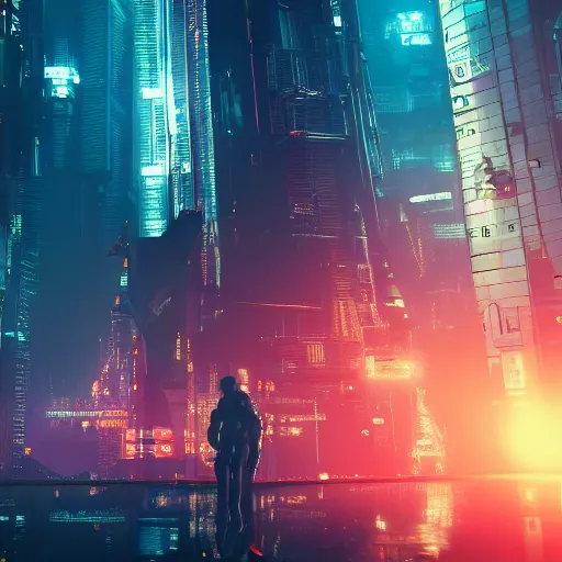 Image similar to professional photo of astronaut from low angle shot with cyberpunk city on background, blade runner, hyperrealistic masterpiece, trending on artstation, cgsociety, kodakchrome, golden ratio, cinematic, composition, beautiful lighting, hyper detailed, sharp focus, octane render, 4 k, unreal engine