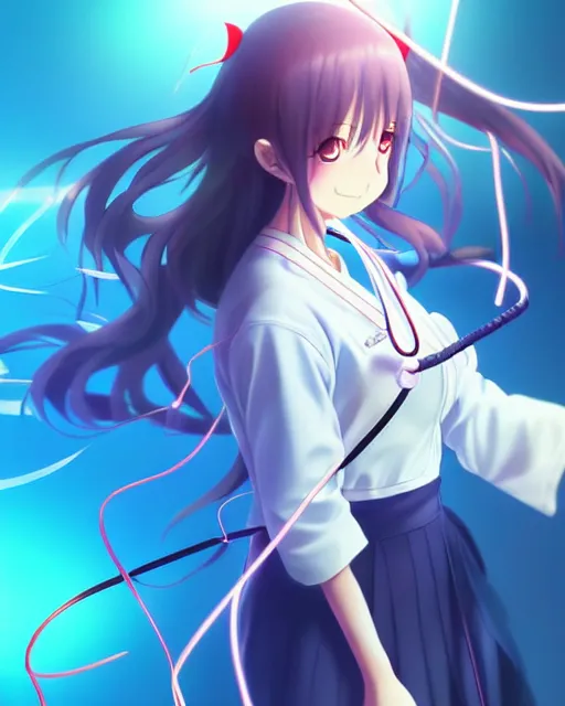 Image similar to anime style, vivid, expressive, full body, 4 k, painting, a cute magical girl with a long wavy black hair wearing a nurse outfit, stunning, realistic light and shadow effects, centered, simple background, studio ghibly makoto shinkai yuji yamaguchi