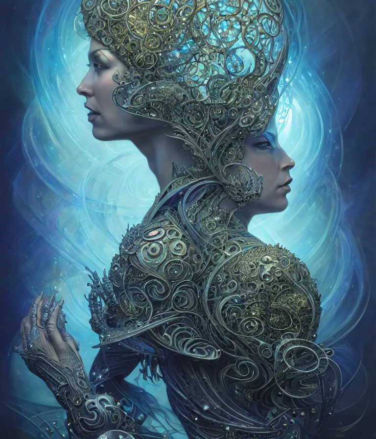 Prompt: front shot of a magic queen , character, hyperdimensional, bioluminescent hypercubes, dark holography, spectral, chrome, intricate, elegant, highly detailed, centered, artstation, concept art, smooth, sharp focus, artgerm, Tomasz Alen Kopera, Peter Mohrbacher, donato giancola, Joseph Christian Leyendecker, WLOP, Boris Vallejo, mugshot, octane render, nvidia raytracing demo, 8K, digitalblasphemy, metatron