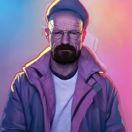 Image similar to high quality illustration, walter white realistic portrait, cyberpunk, alphonse mucha, riot game, beautiful, epic camera, alexandre bourlet, colorful background, arcane, lois van baarle, league of legend, digital painting, james jean, dynamic colors, greg rutkuwsky, artstation, concept art, neon