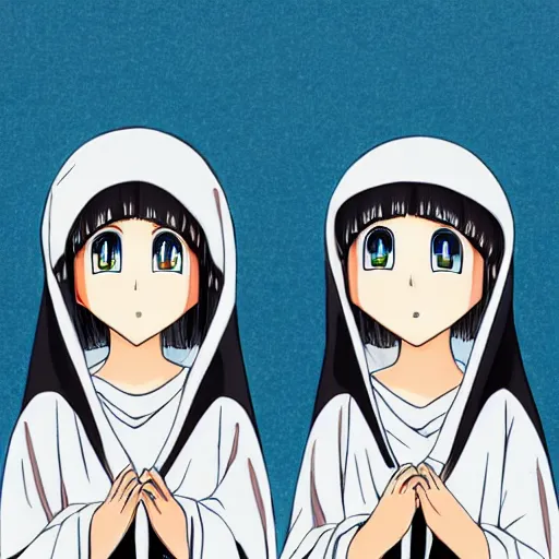 Prompt: two identical beautiful nuns with large eyes, face to face, full of detail, subtle anime style,