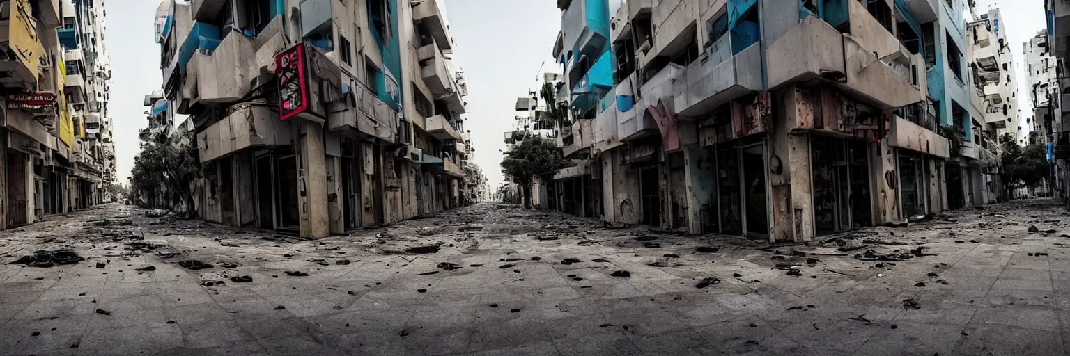 Image similar to sad and disturbing photo of the empty streets of tel aviv, israel, rotting, summer, morning, vivid colors, neon, art by gregory crewdson and artgerm and wlop and william - adolphe bouguereau