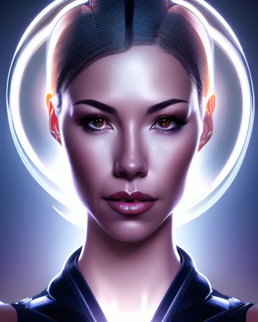 Image similar to symmetry portrait of jodi arias cyborg, glam, deco, glowing halo intricate, elegant, highly detailed, digital painting, artstation, concept art, smooth, sharp focus, illustration, art by artgerm and greg rutkowski and fra angelico and unreal engine 5