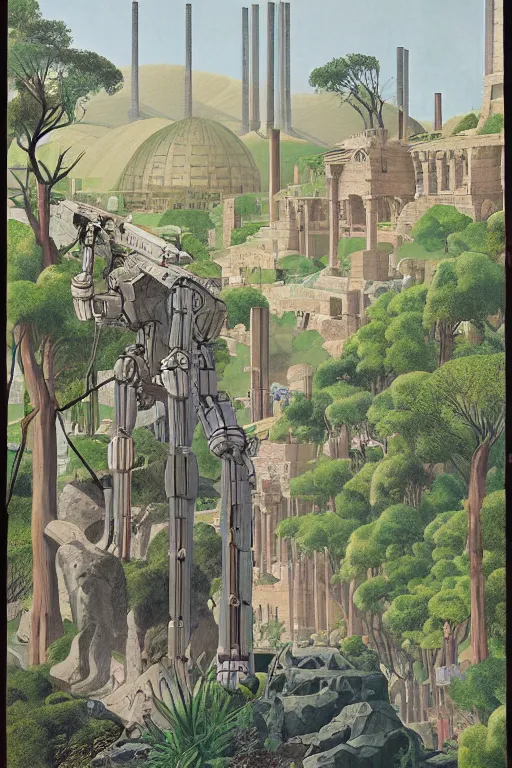 Image similar to mecha robot, hanging gardens of babylon, temple of artemis at ephesus, waterfalls, blooming hills with spring flowers and pillars by helen lundeberg