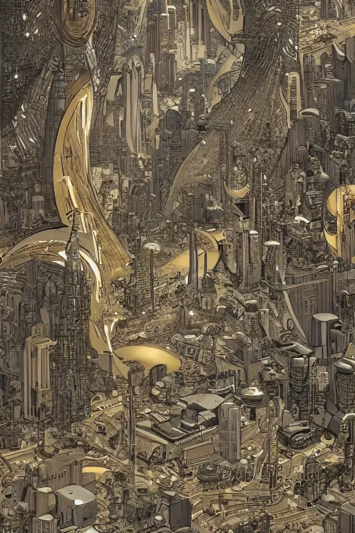 Image similar to gold and silver tones, cybernetic village on the outskirts of the universe, style of moebius, james jean, mcbess, cinematic, highly detailed, award winning, 8 k photorealistic