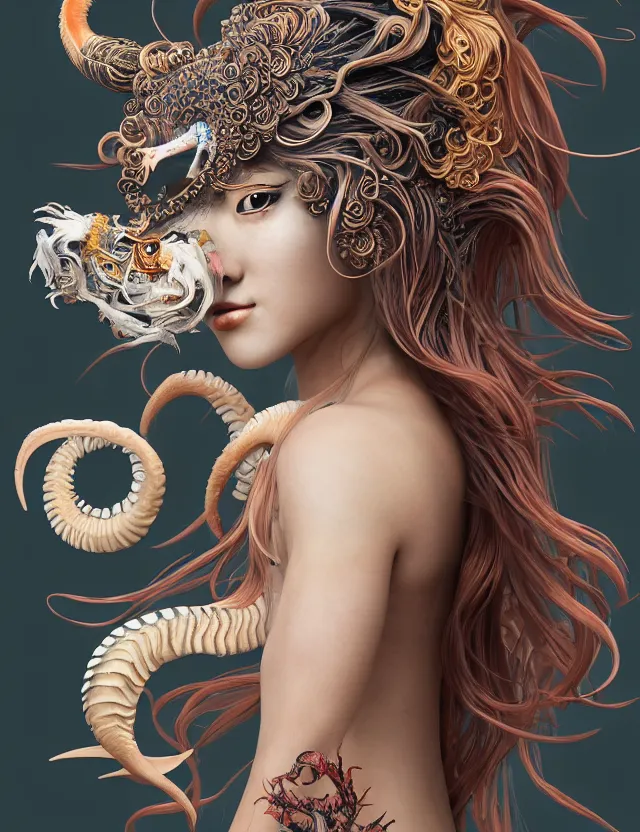 Image similar to 3 d goddess half - turn portrait with long hair with ram skull. beautiful intricately detailed japanese crow kitsune mask and clasical japanese kimono. betta fish, jellyfish phoenix, bio luminescent, plasma, ice, water, wind, creature, artwork by tooth wu and wlop and beeple and greg rutkowski