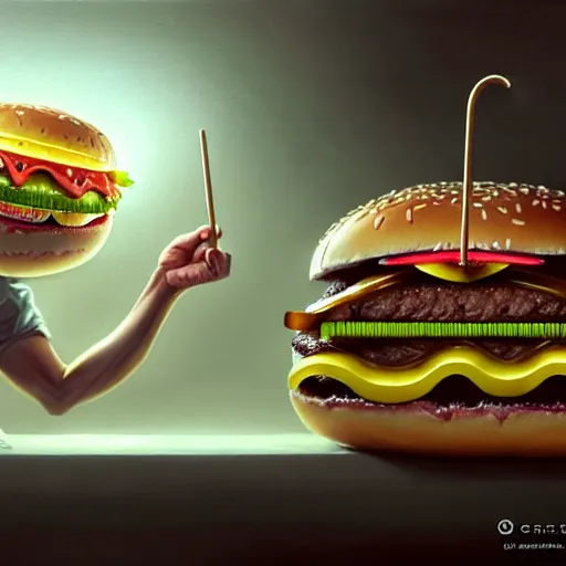 Image similar to a onster with a head like a hamburger, burger with human eyes, burger with human mouth, teeth, very detailed eyes, french fries as arms, character concept art, fantasy, intricate, fantasy drawing, illustration, highly detailed, hyperrealistic, cgsociety, artstation, oil painting by greg rutkowski, by artgerm