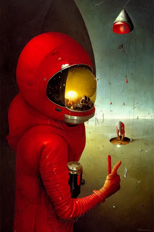 Prompt: hieronymus bosch, greg rutkowski, anna podedworna, painting of a red spacesuit with a large backpack and a large mirrored visor, crawling out of a vent in a space ship