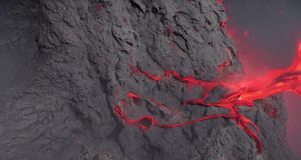 Image similar to a volcano made of ivory vines and crimson rocks enters in eruption, it spits a smoke in the shape of demonic eye, with CRYENGINE