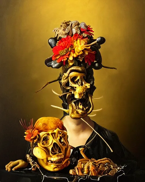 Image similar to refined gorgeous blended oil painting with black background by christian rex van minnen rachel ruysch dali todd schorr of a chiaroscuro portrait of an extremely bizarre disturbing mutated man made of still life flowers and rubber insects with shiny skin acne dutch golden age vanitas intense chiaroscuro cast shadows obscuring features dramatic lighting perfect symmetry perfect composition masterpiece